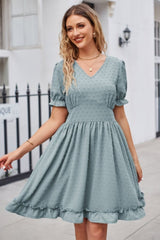 Enchanting Elegance Swiss Dot V Neck Pattern Dress #Firefly Lane Boutique1