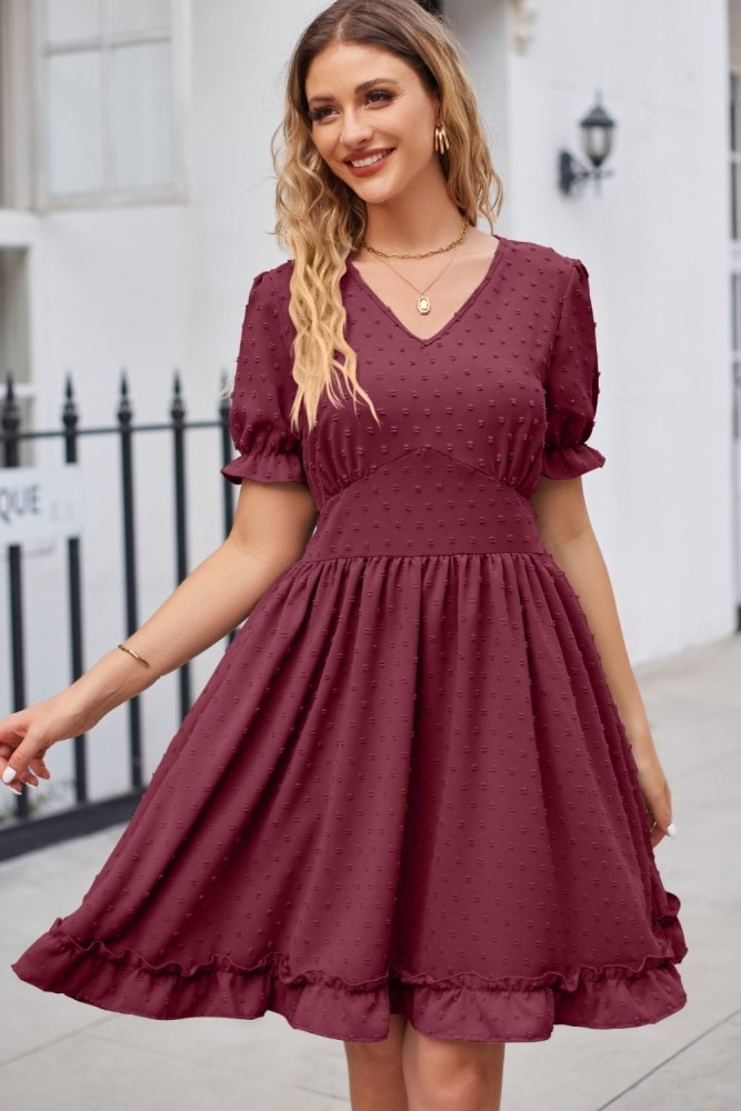 Enchanting Elegance Swiss Dot V Neck Pattern Dress #Firefly Lane Boutique1