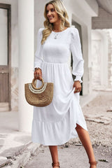 Enchanting Long Sleeve White Smocked Puff Sleeve Dress #Firefly Lane Boutique1
