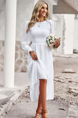 Enchanting Long Sleeve White Smocked Puff Sleeve Dress #Firefly Lane Boutique1