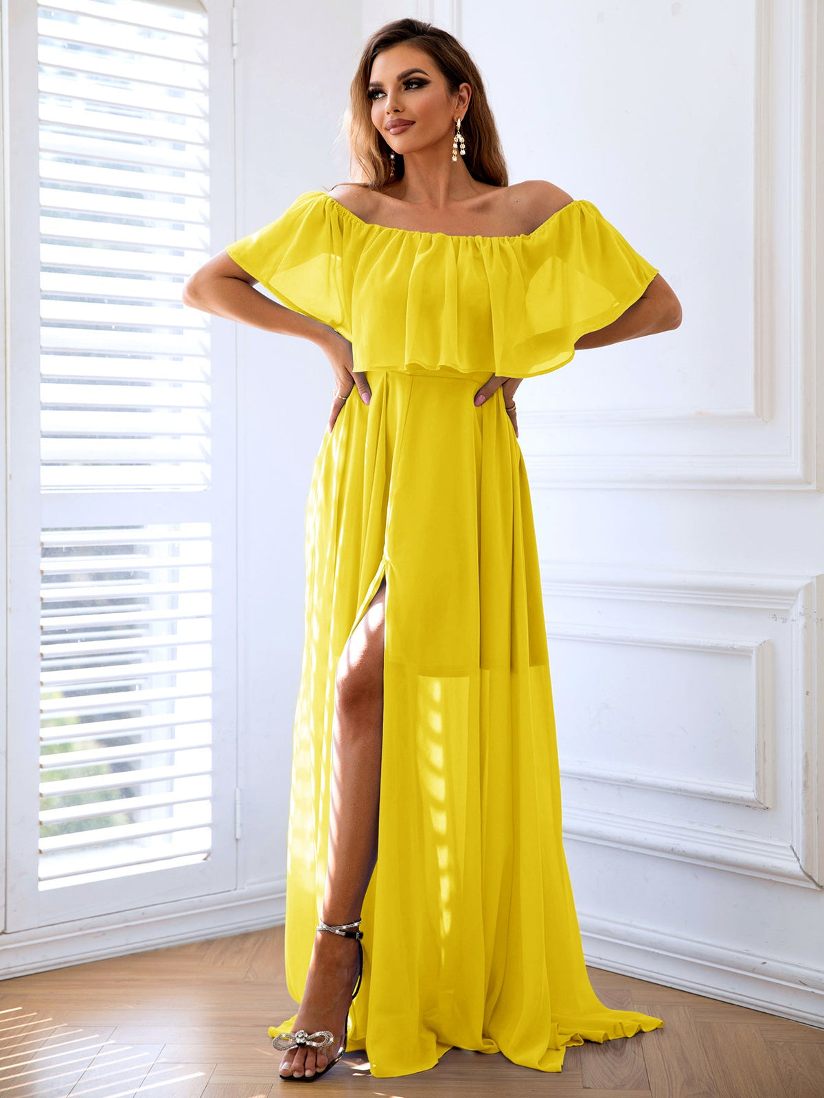 Enchanting Off The Shoulder Maxi Dress - yellow chiffon maxi dress with split leg. #Firefly Lane Boutique1