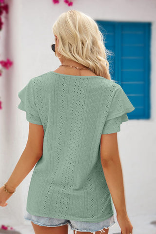 Eyelet Flutter Sleeve Blouse - green short sleeve top with v neck. #Firefly Lane Boutique1