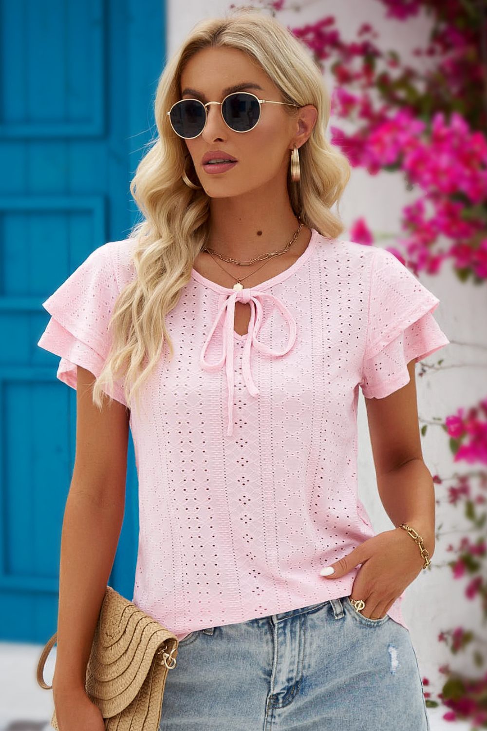 Eyelet Flutter Sleeve Blouse - pink short sleeve top with v neck. #Firefly Lane Boutique1