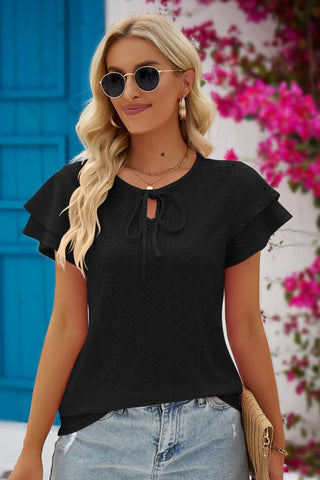 Eyelet Flutter Sleeve Blouse - black short sleeve top with v neck. #Firefly Lane Boutique1