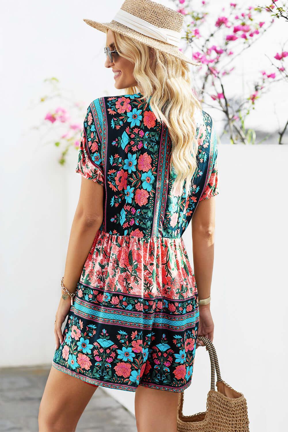 Boho Romper Womens - a romper with button front detail and tie neck. #Firefly Lane Boutique1
