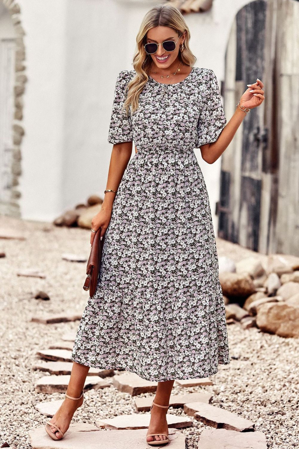 Floral Print Midi Dress with Cutout Back #Firefly Lane Boutique1