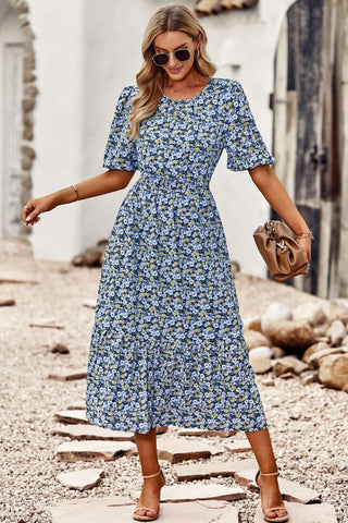 Floral Print Midi Dress with Cutout Back - blue floral midi dress with short puff sleeves. #Firefly Lane Boutique1
