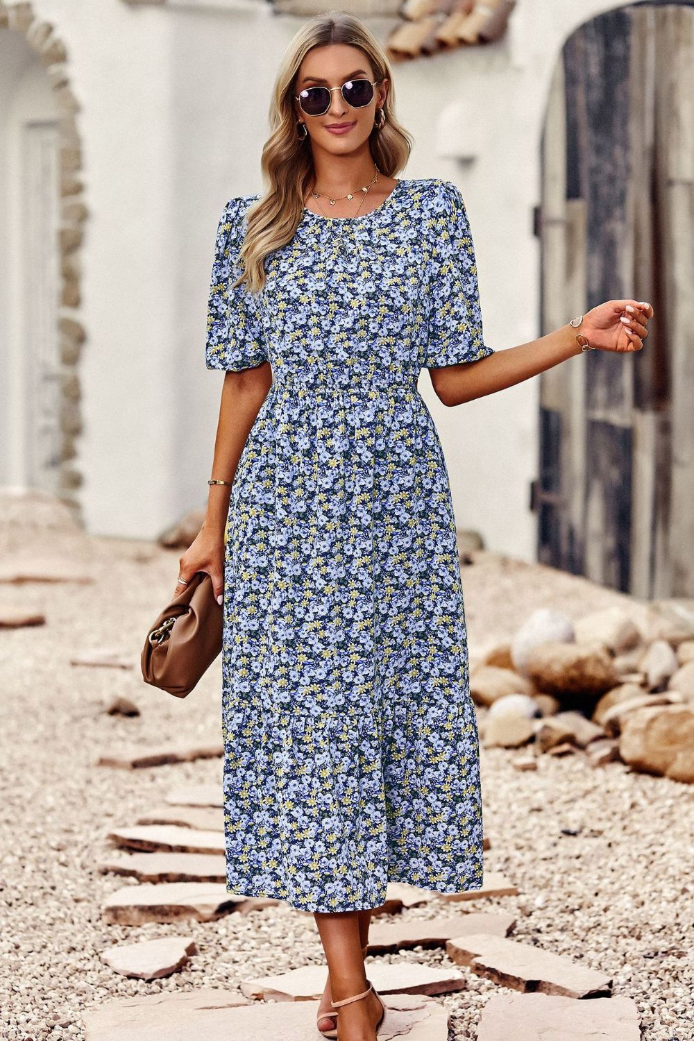Floral Print Midi Dress with Cutout Back - blue floral midi dress with short puff sleeves. #Firefly Lane Boutique1