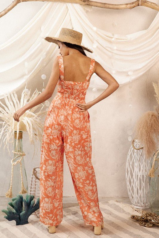Floral Wide Leg Jumpsuit - Orange floral jumpsuit that is sleeveless with a smocked waist. #Firefly Lane Boutique1