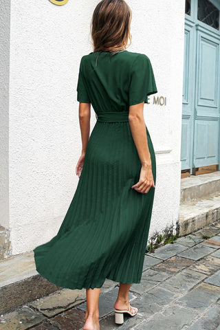 Never a Dull Moment Pleated Midi Dress - green midi dress with surplice neckline and tie waist. #Firefly Lane Boutique1