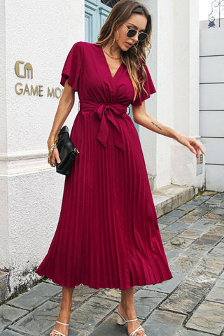Never a Dull Moment Pleated Midi Dress - red midi dress with surplice neckline and tie waist. #Firefly Lane Boutique1