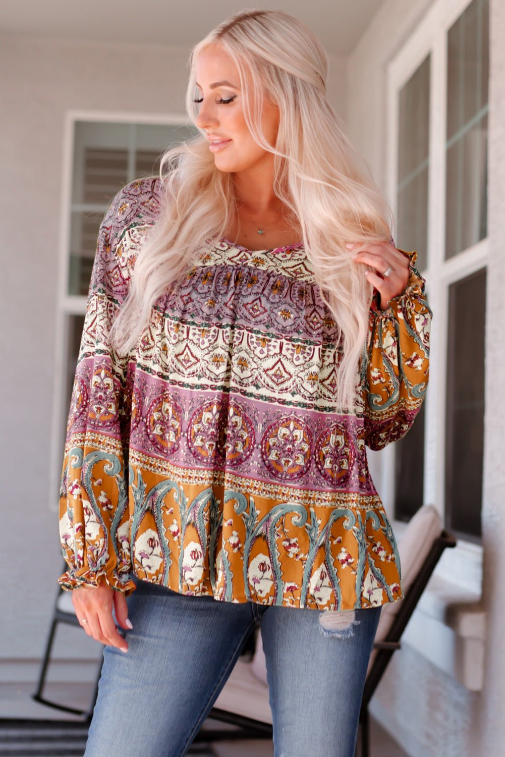 Free Spirited Boho Blouse Long Sleeve - boho style blouse with a v neck and flounce sleeves.  #Firefly Lane Boutique1