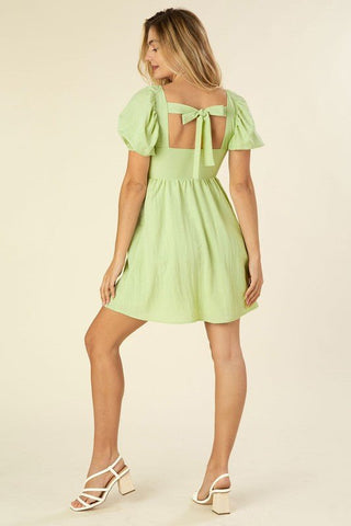Green Whisper A Line Summer Dress - bright green mini dress with puff sleeves and smocked waist. #Firefly Lane Boutique