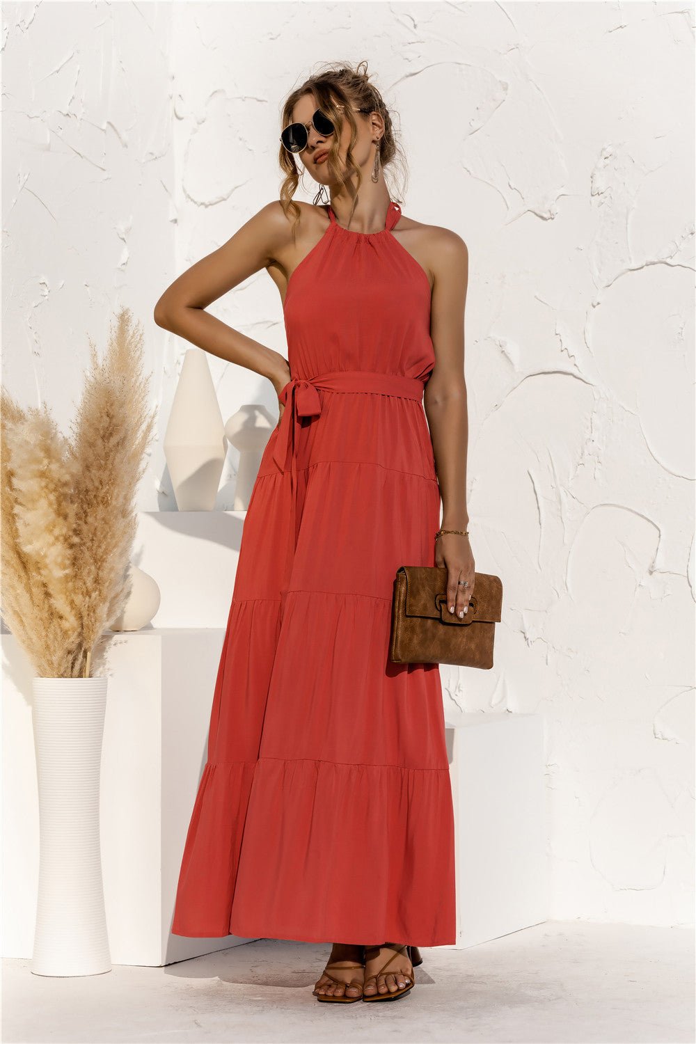 Halter Maxi Dresses - orange maxi dress with  tie straps and pleated silhouette. #Firefly Lane Boutique1