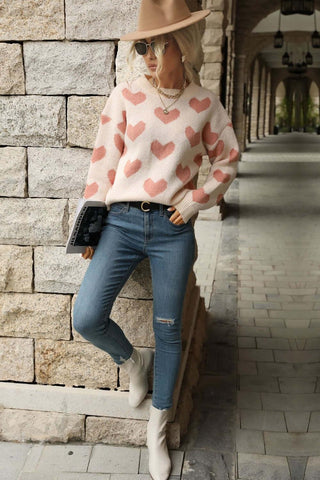 Heart Pattern Drop Shoulder Sweater -Women’s sweaters#Firefly Lane Boutique1