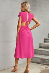 Hot Pink Dress Midi - a short sleeve midi dress with side slit, open cutout back and tie back.  #Firefly Lane Boutique1