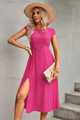 Hot Pink Dress Midi - a short sleeve midi dress with side slit, open cutout back and tie back.  #Firefly Lane Boutique1