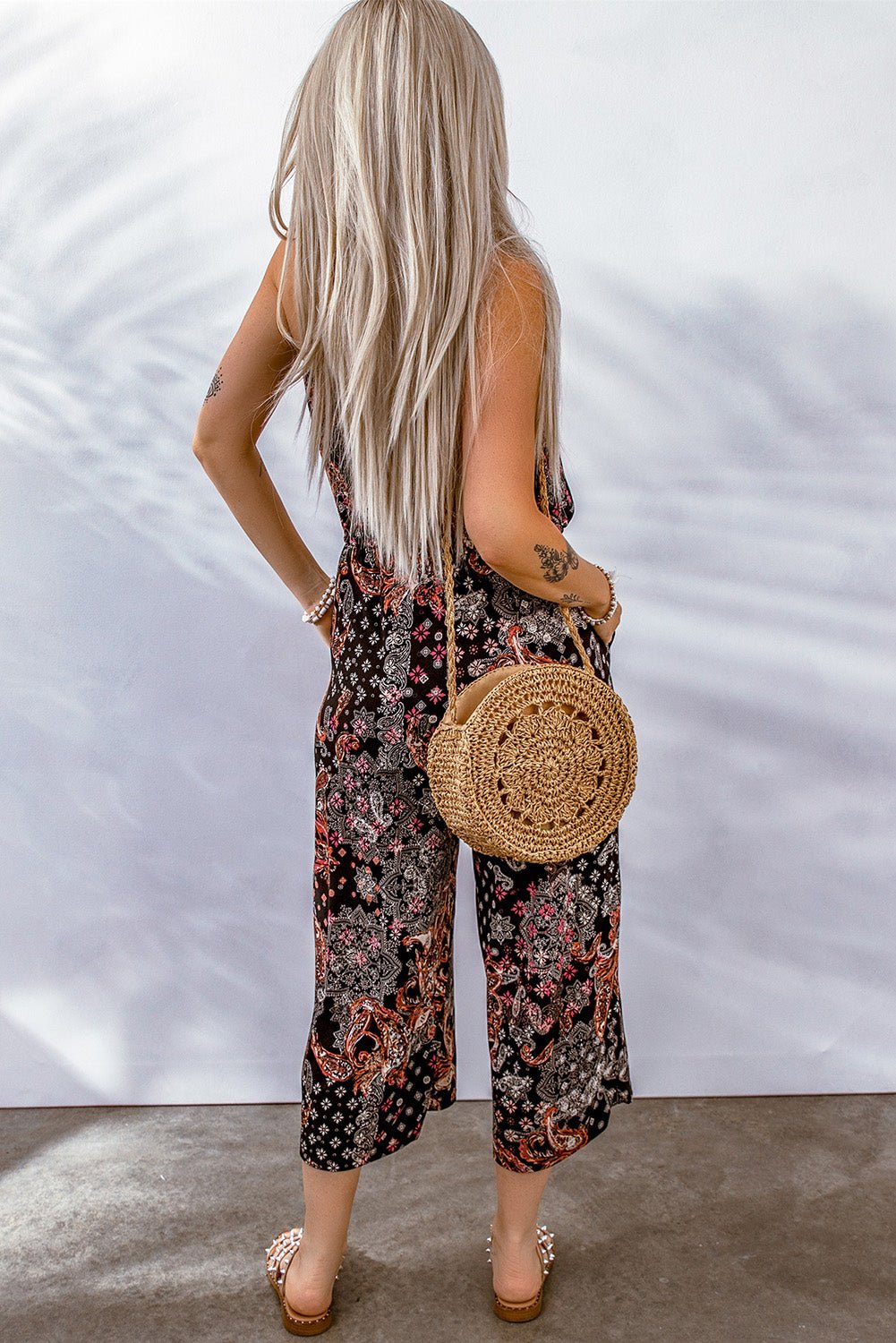 In My Shadow Boho Jumpsuit - paisley jumpsuit in a boho style with side pockets and wide cropped leg #Firefly Lane Boutique1