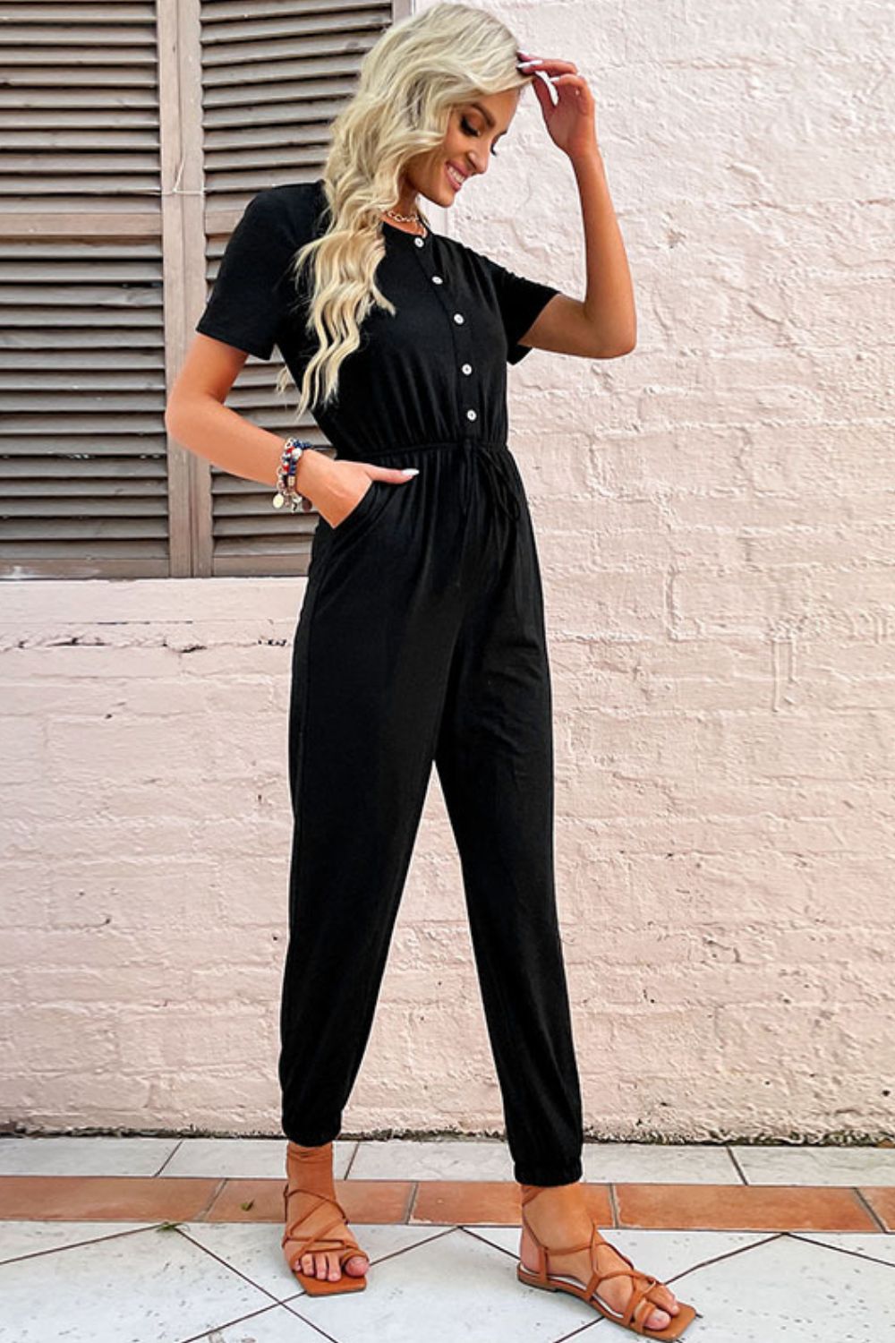 Keep It Simple Skinny Leg Jumpsuit - black casual jumpsuit with short sleeves and buttoned up front #Firefly Lane Boutique1