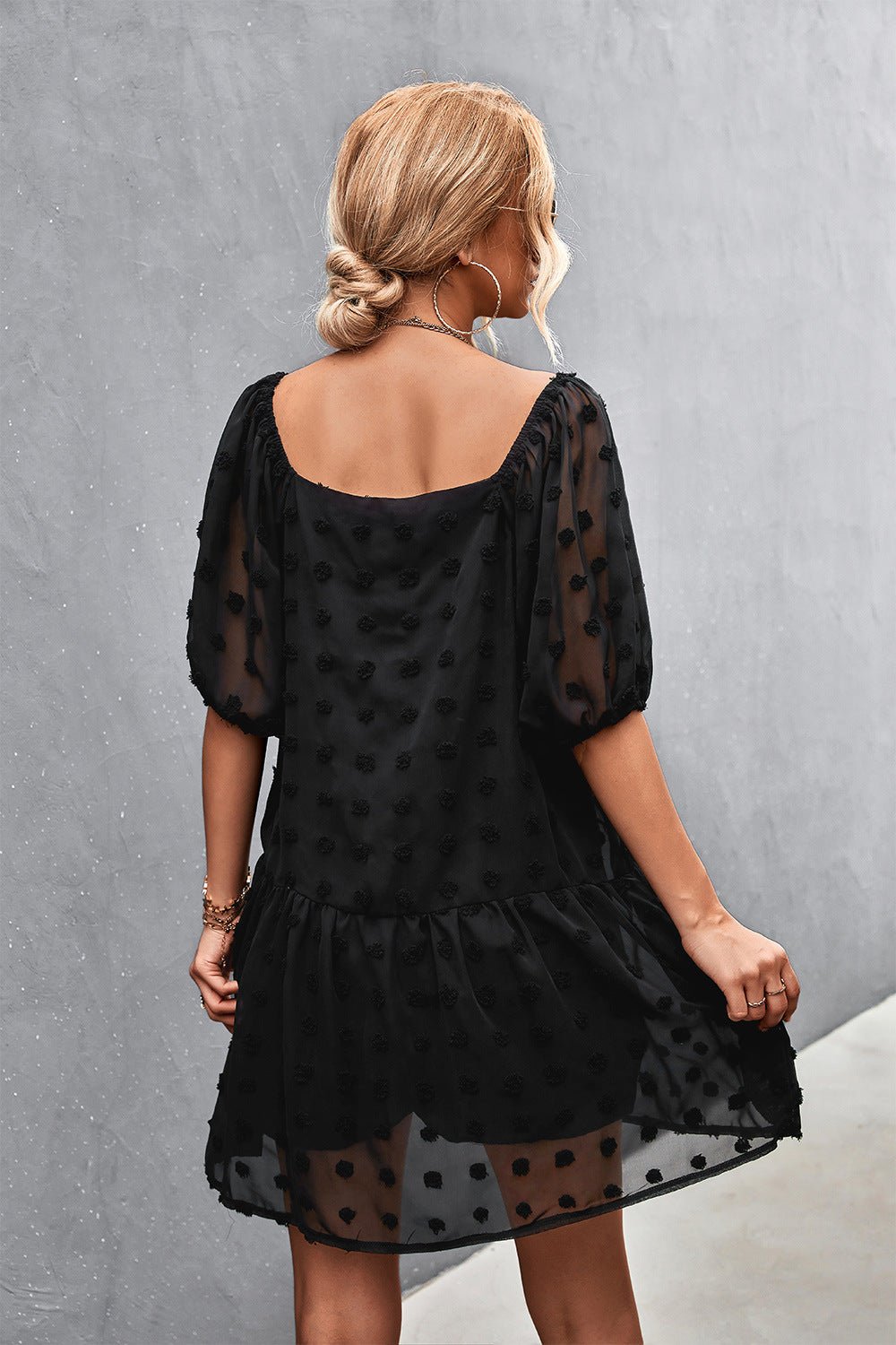 Can’t Help It Lace Mini Dress - black mini lace dress with Swiss dot fabric, square neck, puff sleeve #Firefly Lane Boutique1