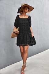 Can’t Help It Lace Mini Dress - black mini lace dress with Swiss dot fabric, square neck, puff sleeve #Firefly Lane Boutique1