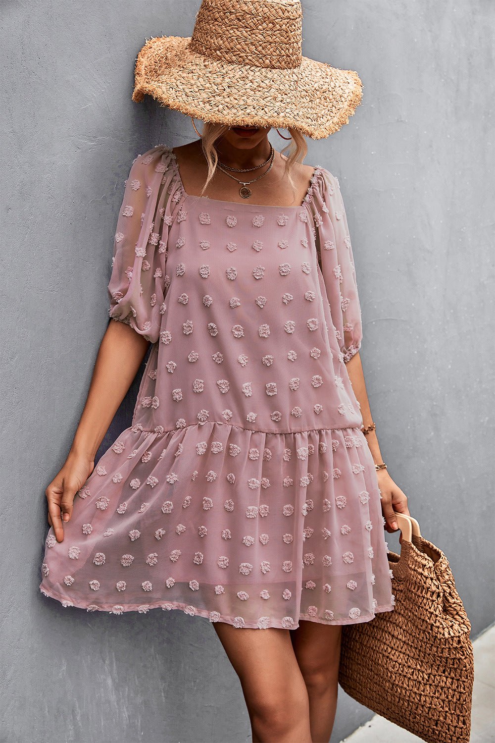 Can’t Help It Lace Mini Dress - pink mini lace dress with Swiss dot fabric, square neck, puff sleeve #Firefly Lane Boutique1