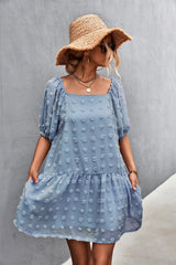 Can’t Help It Lace Mini Dress - blue mini lace dress with Swiss dot fabric, square neck, puff sleeve #Firefly Lane Boutique1