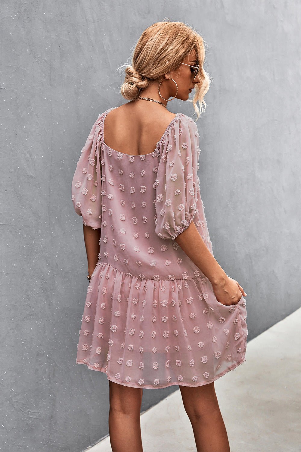 Can’t Help It Lace Mini Dress - pink mini lace dress with Swiss dot fabric, square neck, puff sleeve #Firefly Lane Boutique1