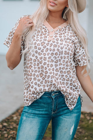 Leopard Buttoned Short Sleeve Flounce T-Shirt #Firefly Lane Boutique1