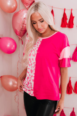 Leopard Color Block Pink T-Shirts For Women - short sleeve with a crew neckline. #Firefly Lane Boutique1