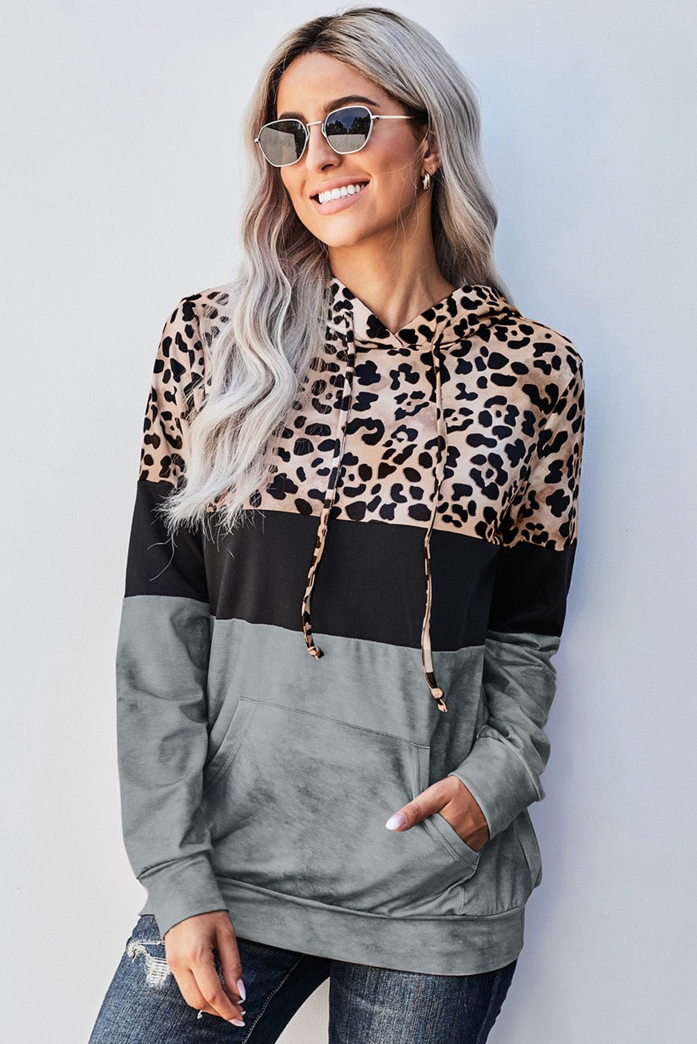 Leopard Color Block Hoodie - gray color block hoodie with leopard print and kangaroo pockets #Firefly Lane Boutique1