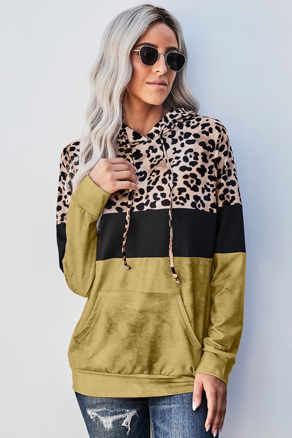 Leopard Color Block Hoodie - yellow color block hoodie with leopard print and kangaroo pockets #Firefly Lane Boutique1