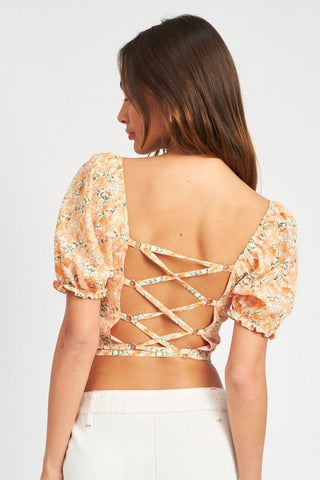 Let Me Adore You Cropped Floral Corset Top - a orange floral crop top with puff sleeve and side strap #Firefly Lane Boutique1
