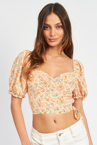 Let Me Adore You Cropped Floral Corset Top - a orange floral crop top with puff sleeve and side strap #Firefly Lane Boutique1
