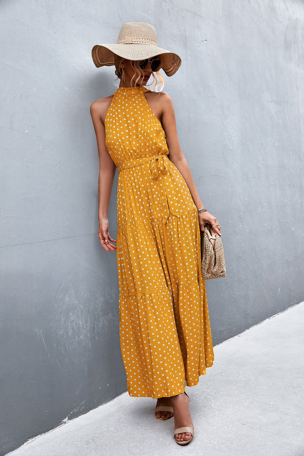 Let Me Remind You Printed Maxi Dress - yellow polka dot maxi dress with halter neck and tie waist. #Firefly Lane Boutique1