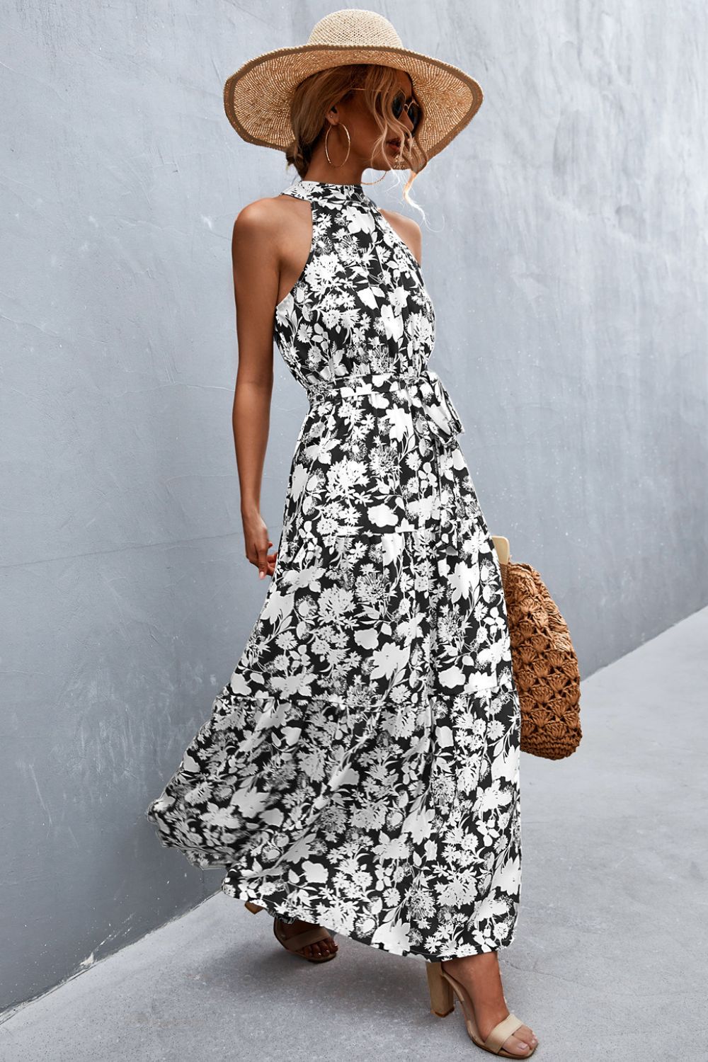 Let Me Remind You Printed Maxi Dress - black floral  maxi dress with halter neck and tie waist. #Firefly Lane Boutique1