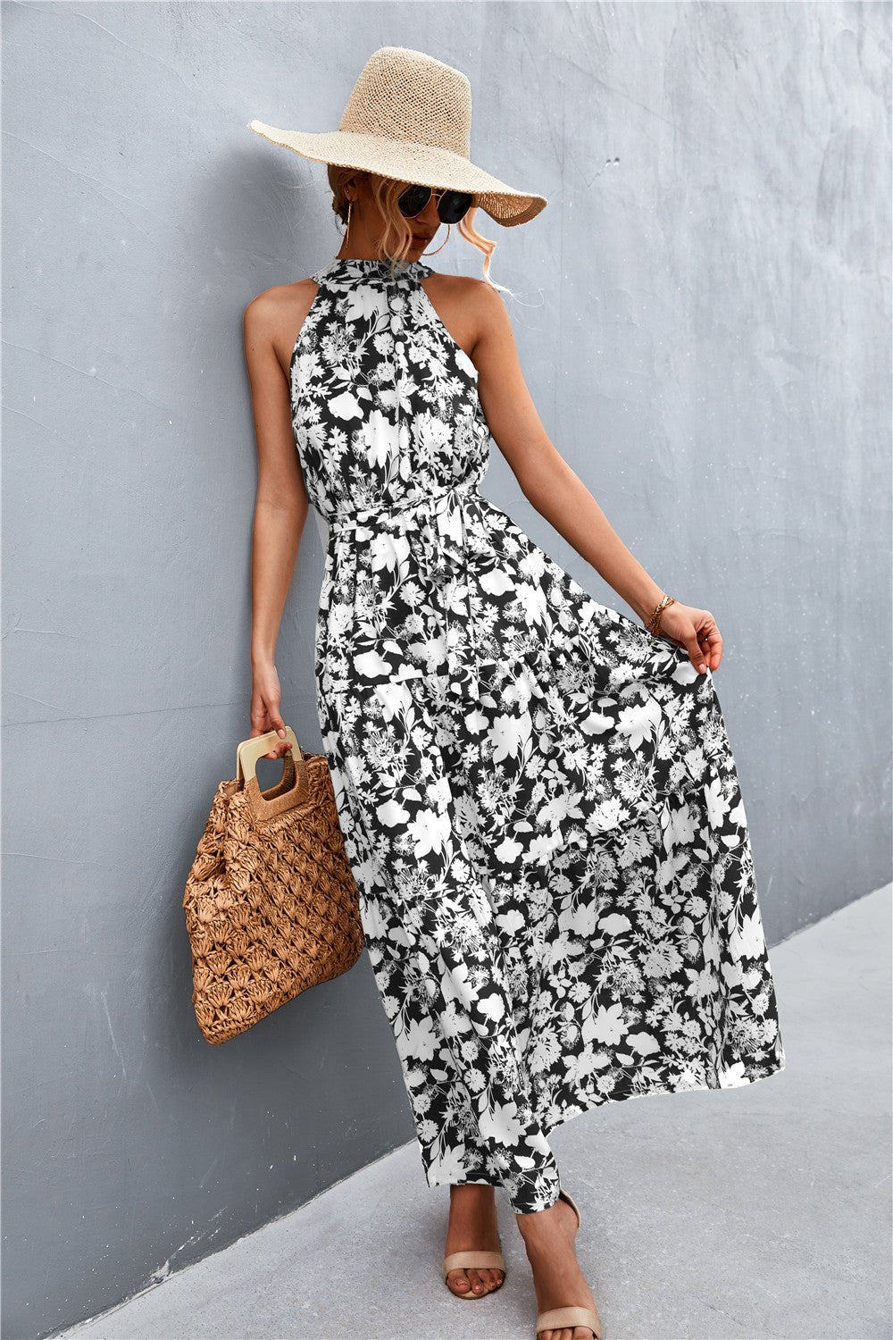 Let Me Remind You Printed Maxi Dress - black floral  maxi dress with halter neck and tie waist. #Firefly Lane Boutique1