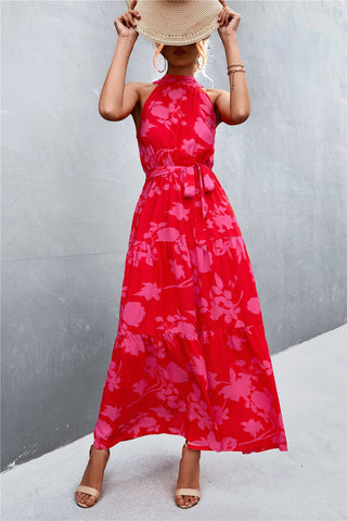 Let Me Remind You Printed Maxi Dress - pink floral maxi dress with halter neck and tie waist. #Firefly Lane Boutique1