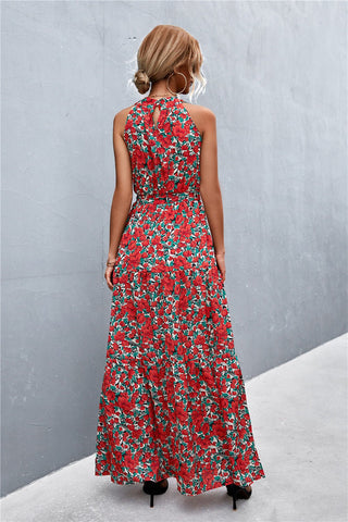 Let Me Remind You Printed Maxi Dress - red floral maxi dress with halter neck and tie waist. #Firefly Lane Boutique1