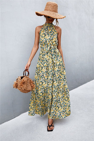 Let Me Remind You Printed Maxi Dress - green floral maxi dress with halter neck and tie waist. #Firefly Lane Boutique1
