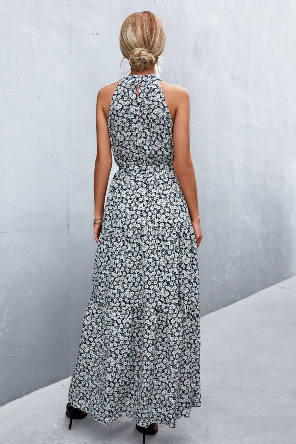 Let Me Remind You Printed Maxi Dress - black floral maxi dress with halter neck and tie waist. #Firefly Lane Boutique1