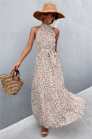 Let Me Remind You Printed Maxi Dress - brown polka dot maxi dress with halter neck and tie waist. #Firefly Lane Boutique1