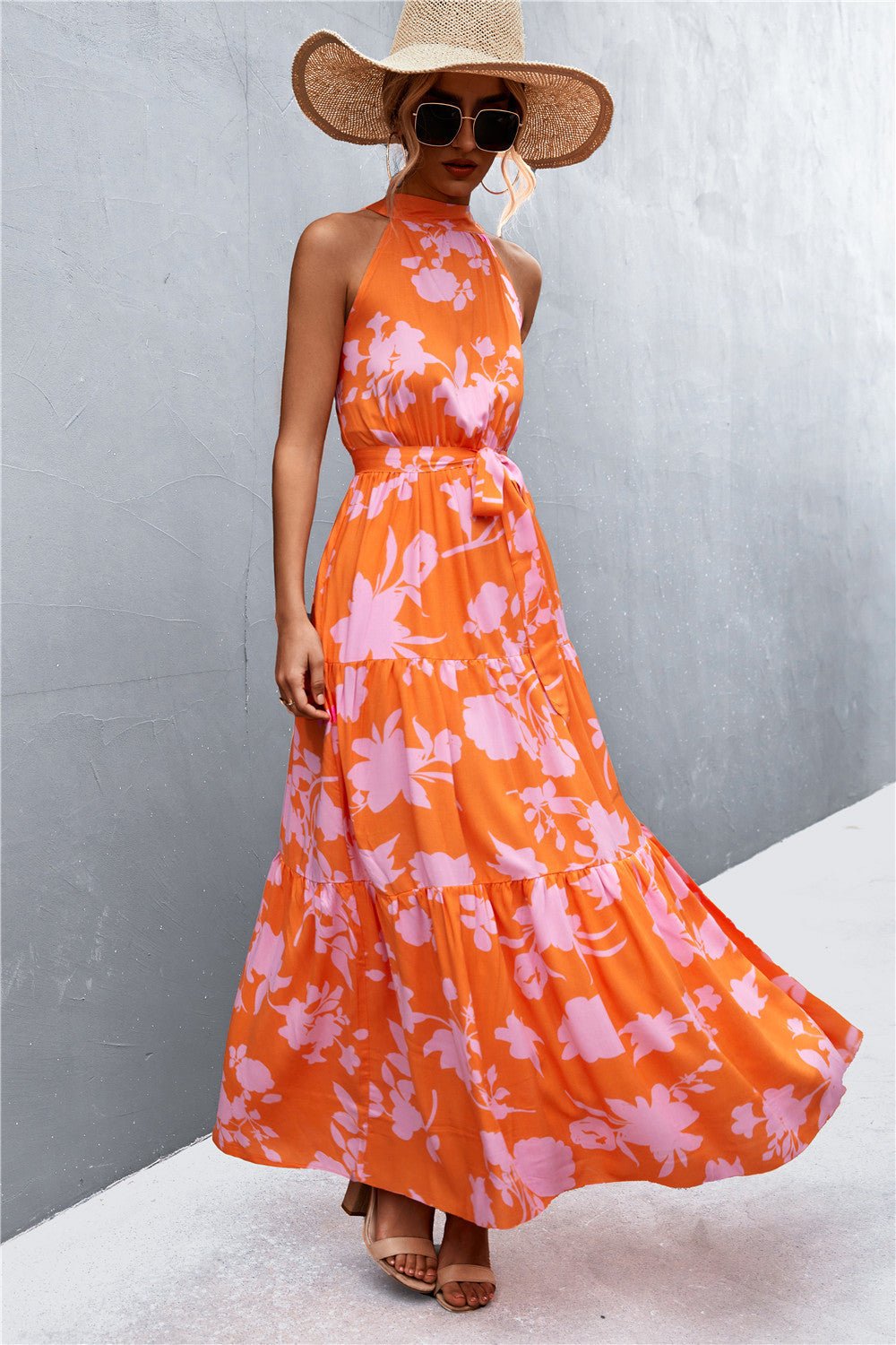 Let Me Remind You Printed Maxi Dress - orange floral maxi dress with halter neck and tie waist. #Firefly Lane Boutique1