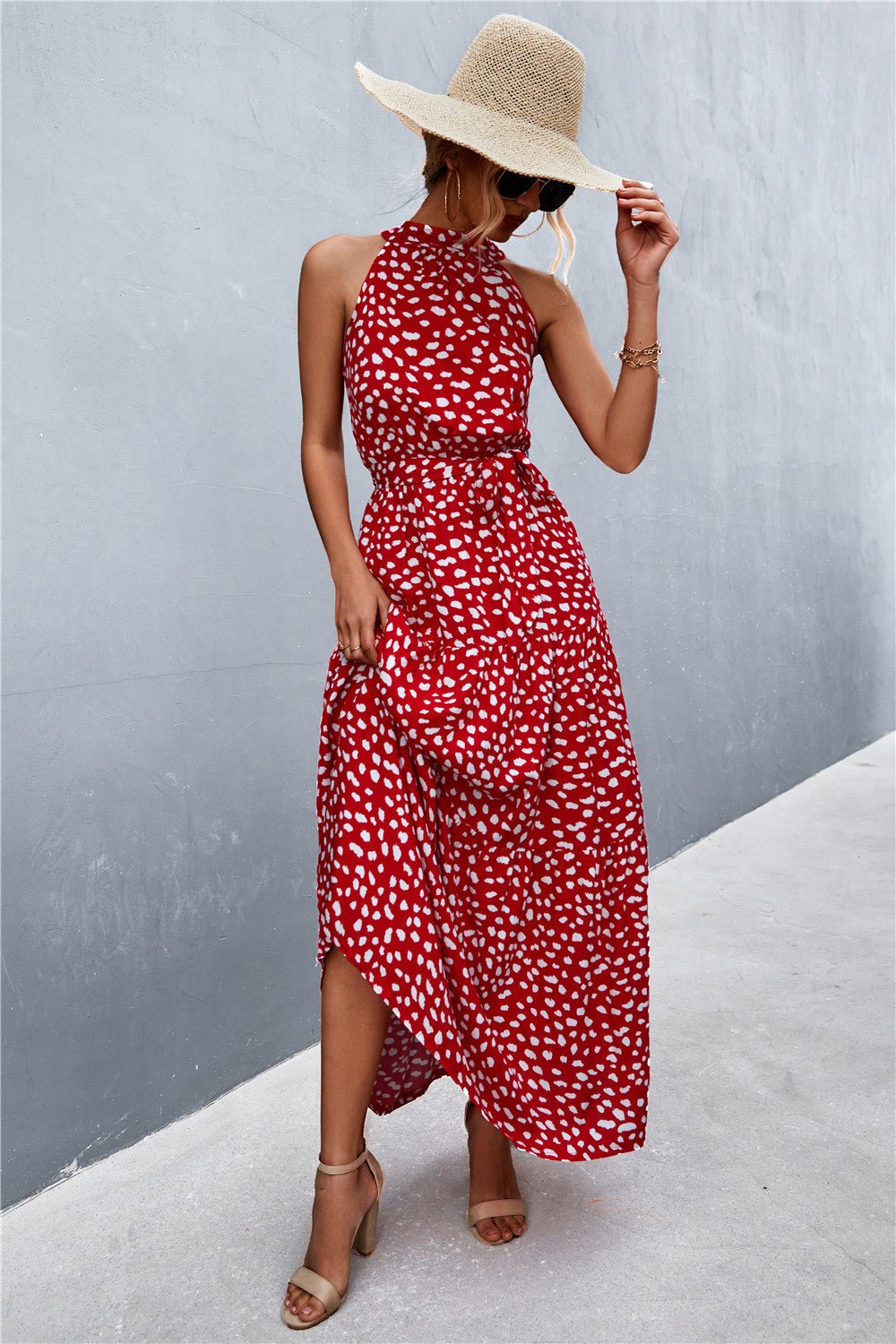 Let Me Remind You Printed Maxi Dress - red polka dot maxi dress with halter neck and tie waist. #Firefly Lane Boutique1