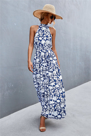 Let Me Remind You Printed Maxi Dress - blue floral  maxi dress with halter neck and tie waist. #Firefly Lane Boutique1