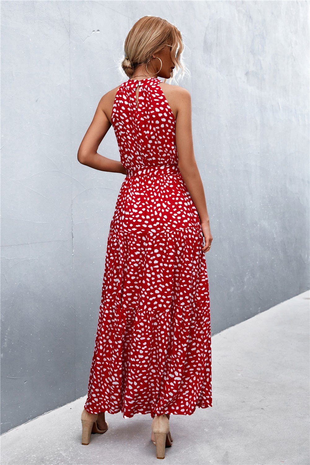 Let Me Remind You Printed Maxi Dress - red polka dot maxi dress with halter neck and tie waist. #Firefly Lane Boutique1