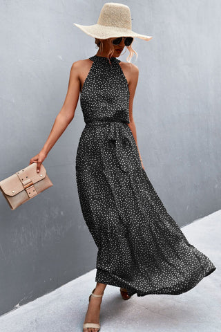 Let Me Remind You Printed Maxi Dress - black polka dot maxi dress with halter neck and tie waist. #Firefly Lane Boutique1