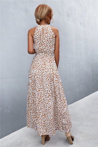 Let Me Remind You Printed Maxi Dress - brown polka dot maxi dress with halter neck and tie waist. #Firefly Lane Boutique1