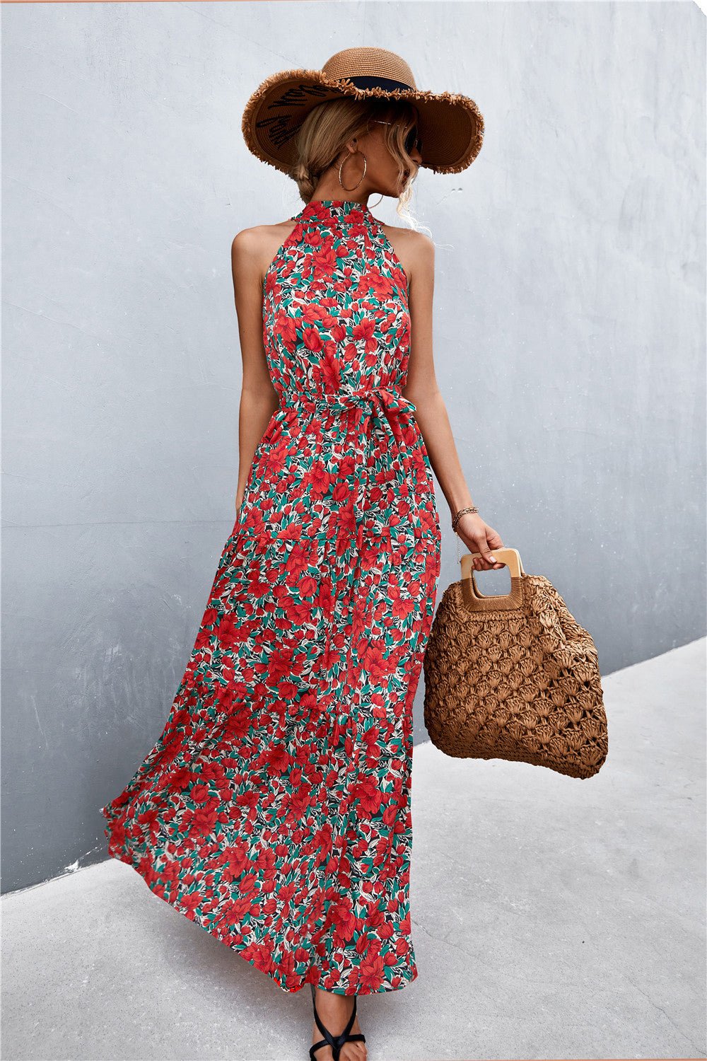 Let Me Remind You Printed Maxi Dress - red floral maxi dress with halter neck and tie waist. #Firefly Lane Boutique1