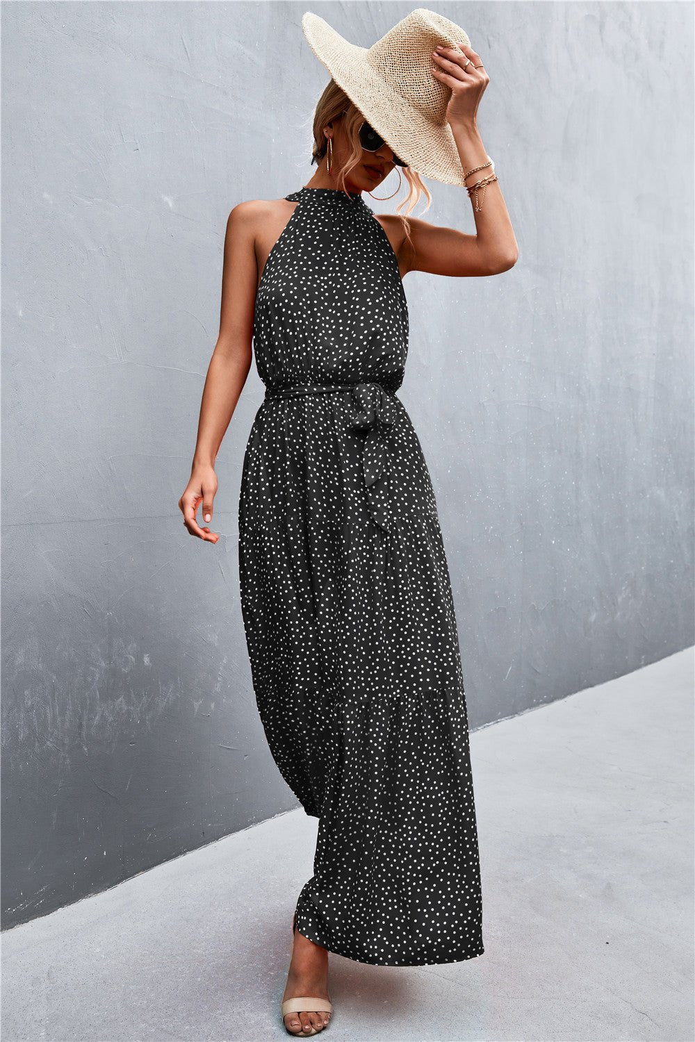 Let Me Remind You Printed Maxi Dress - black polka dot maxi dress with halter neck and tie waist. #Firefly Lane Boutique1